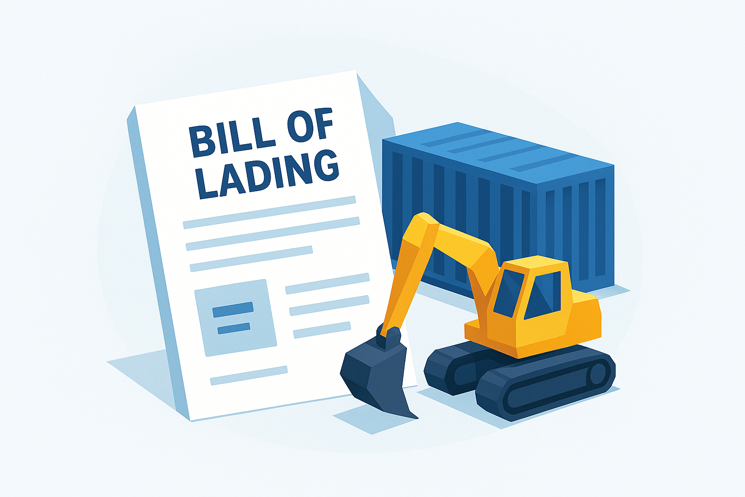 Illustration of a Bill of Lading document beside a shipping container and excavator