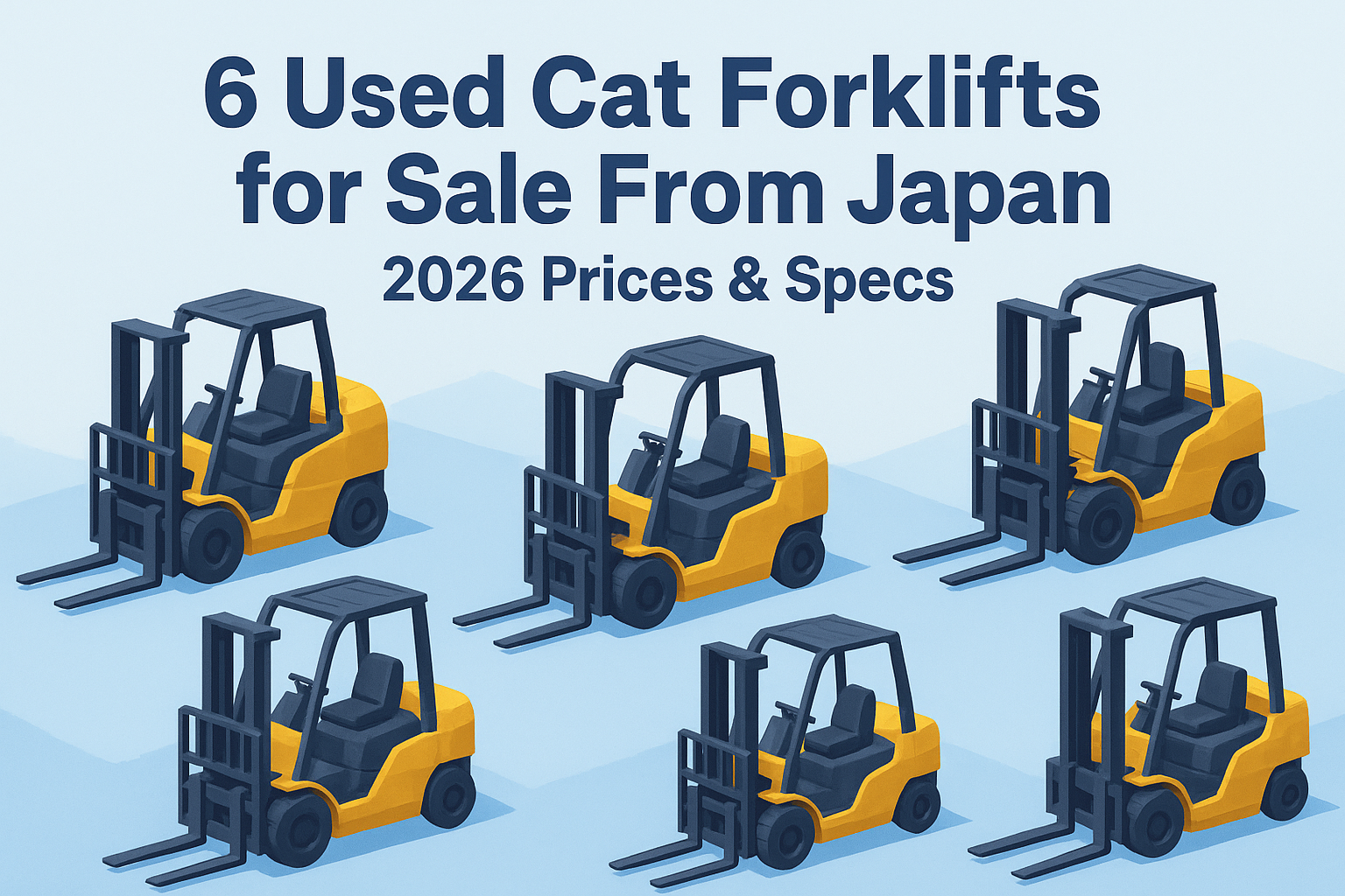 Illustration of six yellow Caterpillar forklifts arranged in two rows
