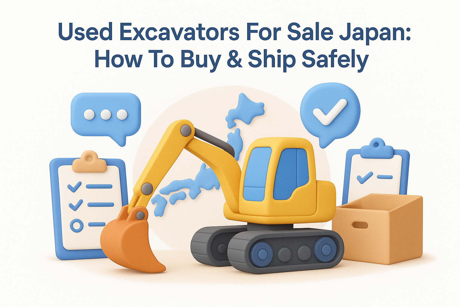 Illustration of a used excavator with a compliance checklist, chat bubble, and verification checkmark over an outline of Japan