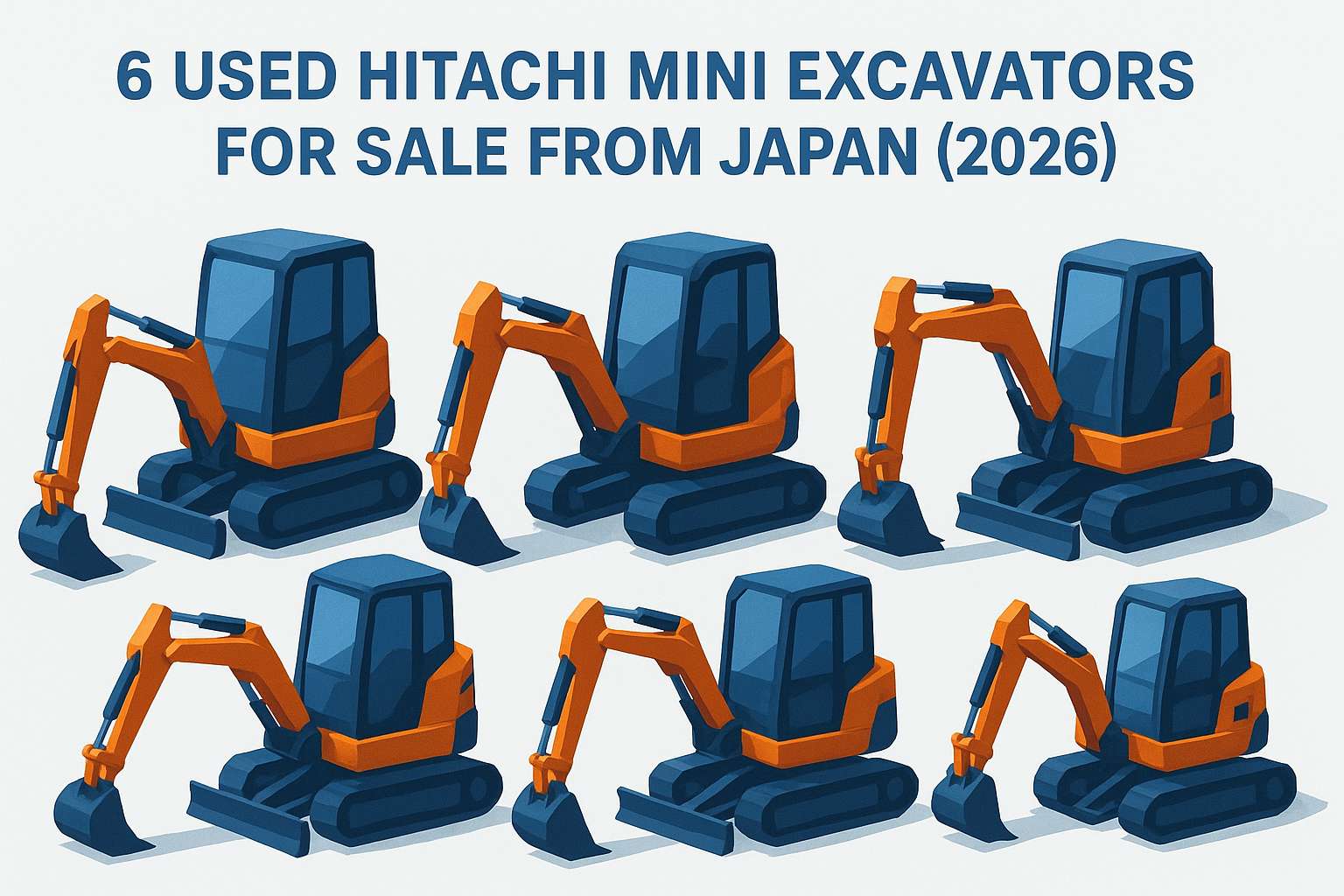 Illustration of six orange and blue Hitachi mini excavators of different sizes lined up together