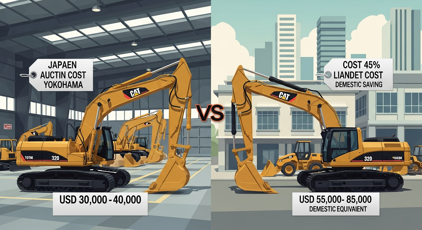 Cost-comparison split: Japanese sourcing (left, lower cost) versus domestic dealer pricing (right, higher cost) for CAT 320 excavator, showing 30–45% savings advantage.