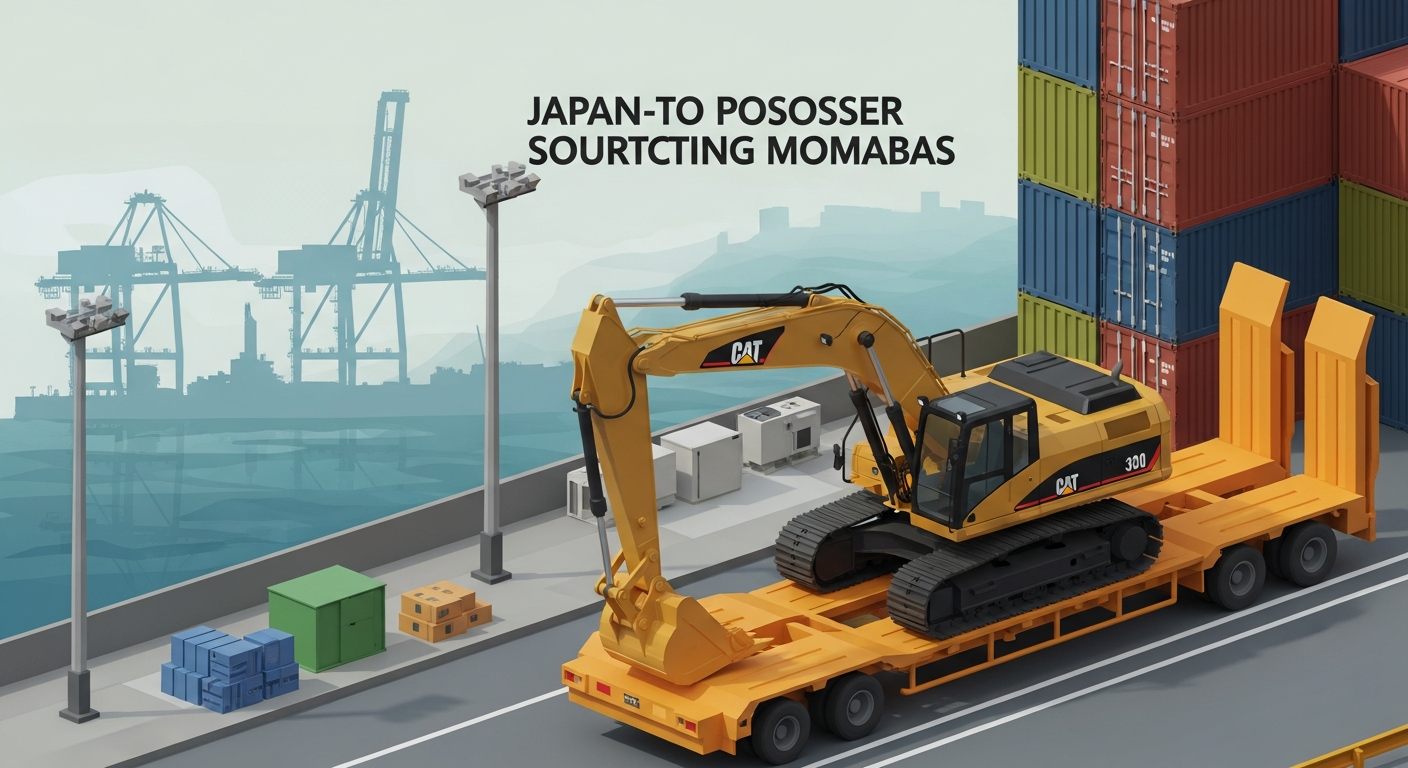 Isometric low-poly export yard scene with CAT 320 excavator on flat-rack and destination port silhouette, representing Japan-to-overseas sourcing pipeline.