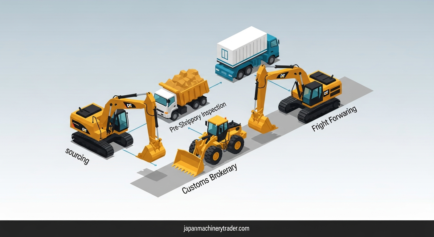 Infographic summarizing "Import Used Caterpillar Excavators from Japan to Australia | Pricing, Inspection & Export"