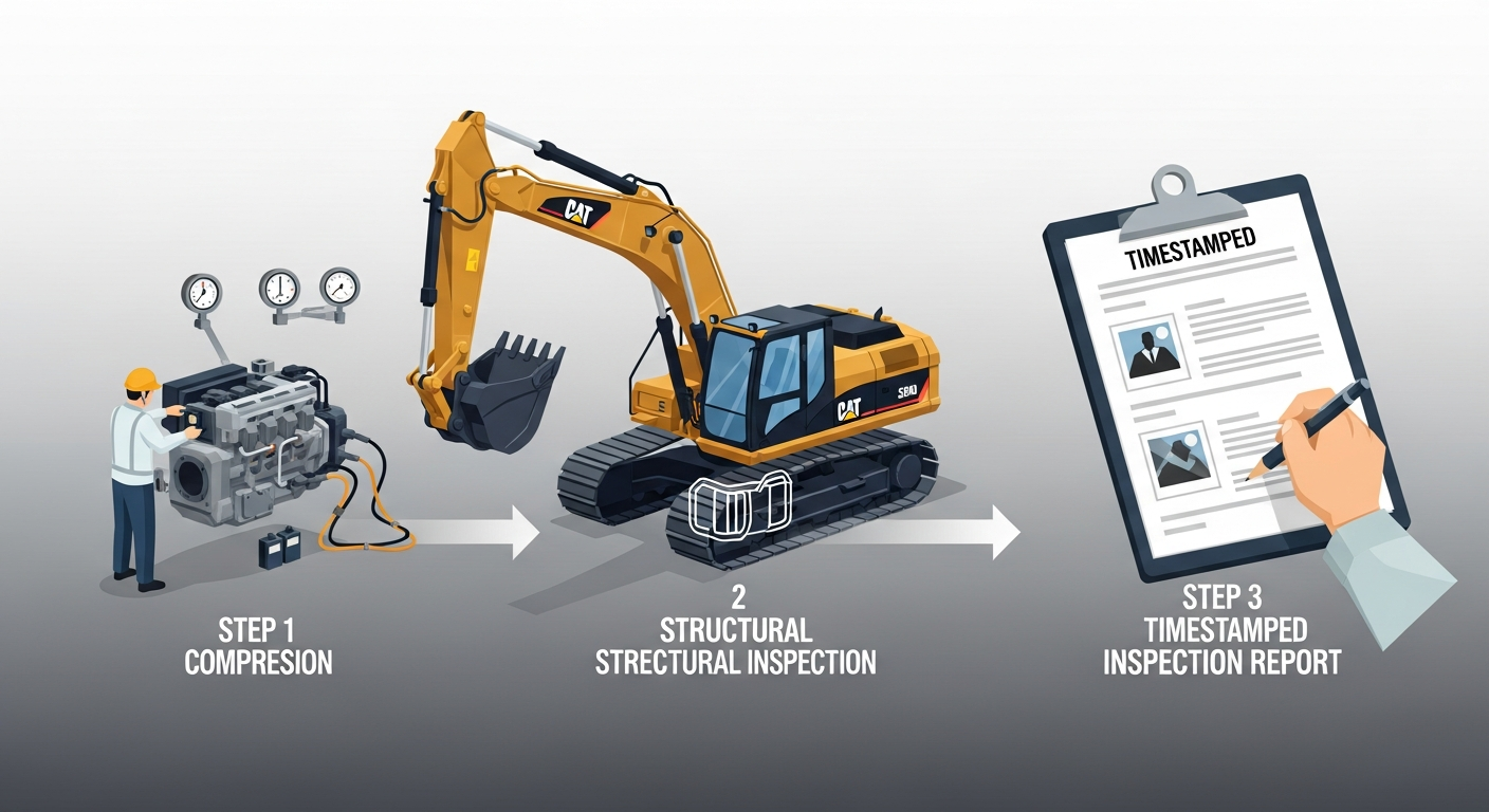 Three-step pre-shipment inspection process: engine/hydraulic check, undercarriage inspection, and photo documentation for CAT 320.