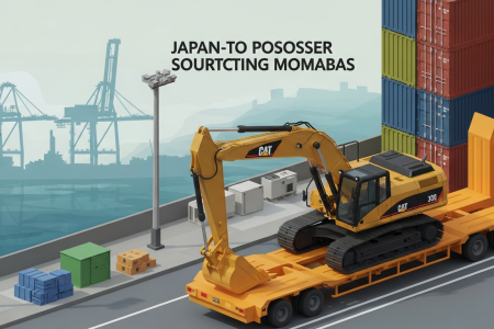 Isometric low-poly export yard scene with CAT 320 excavator on flat-rack and destination port silhouette, representing Japan-to-overseas sourcing pipeline.