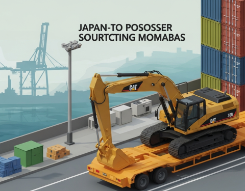 Isometric low-poly export yard scene with CAT 320 excavator on flat-rack and destination port silhouette, representing Japan-to-overseas sourcing pipeline.