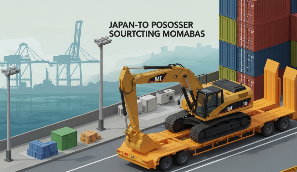 Isometric low-poly export yard scene with CAT 320 excavator on flat-rack and destination port silhouette, representing Japan-to-overseas sourcing pipeline.